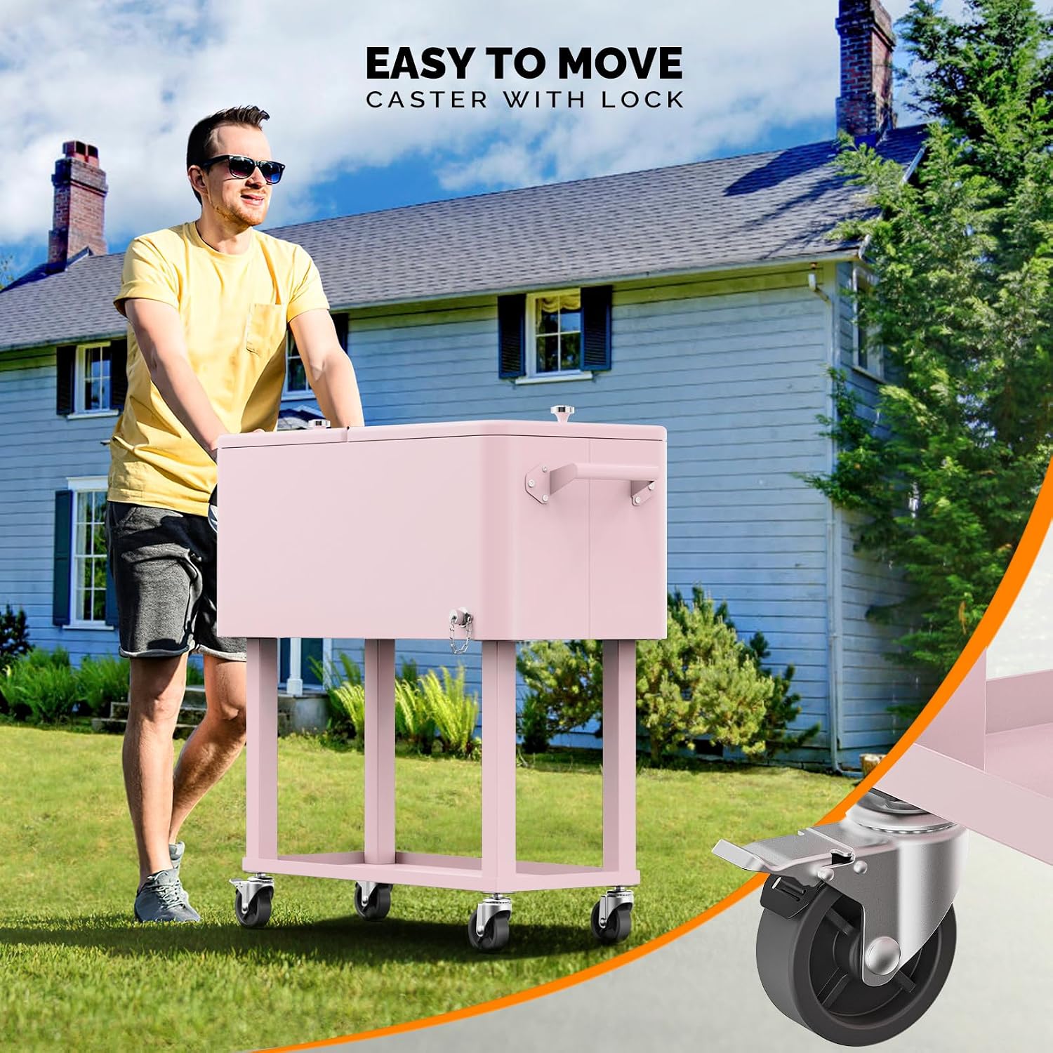 VINGLI Rolling Ice Chest, Portable Patio Party Bar Drink Cooler Cart, with Shelf, Beverage Pool with Bottle Opener