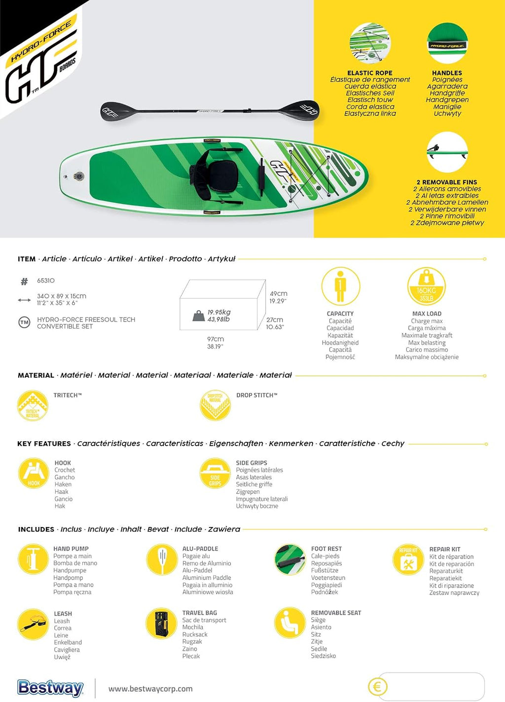 HYDRO FORCE Bestway Freesoul Tech Convertible SUP Set, Inflatable Stand Up Paddle Board with Seat, Green, 11ft 2'