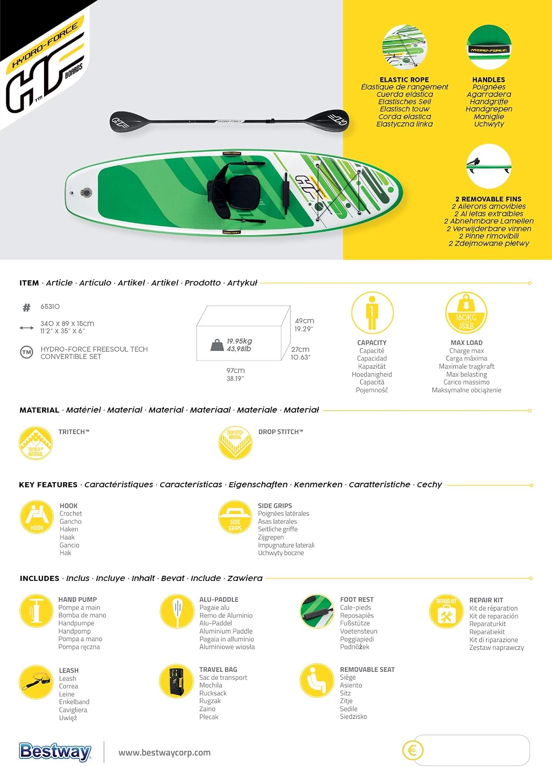 HYDRO FORCE Bestway Freesoul Tech Convertible SUP Set, Inflatable Stand Up Paddle Board with Seat, Green, 11ft 2'