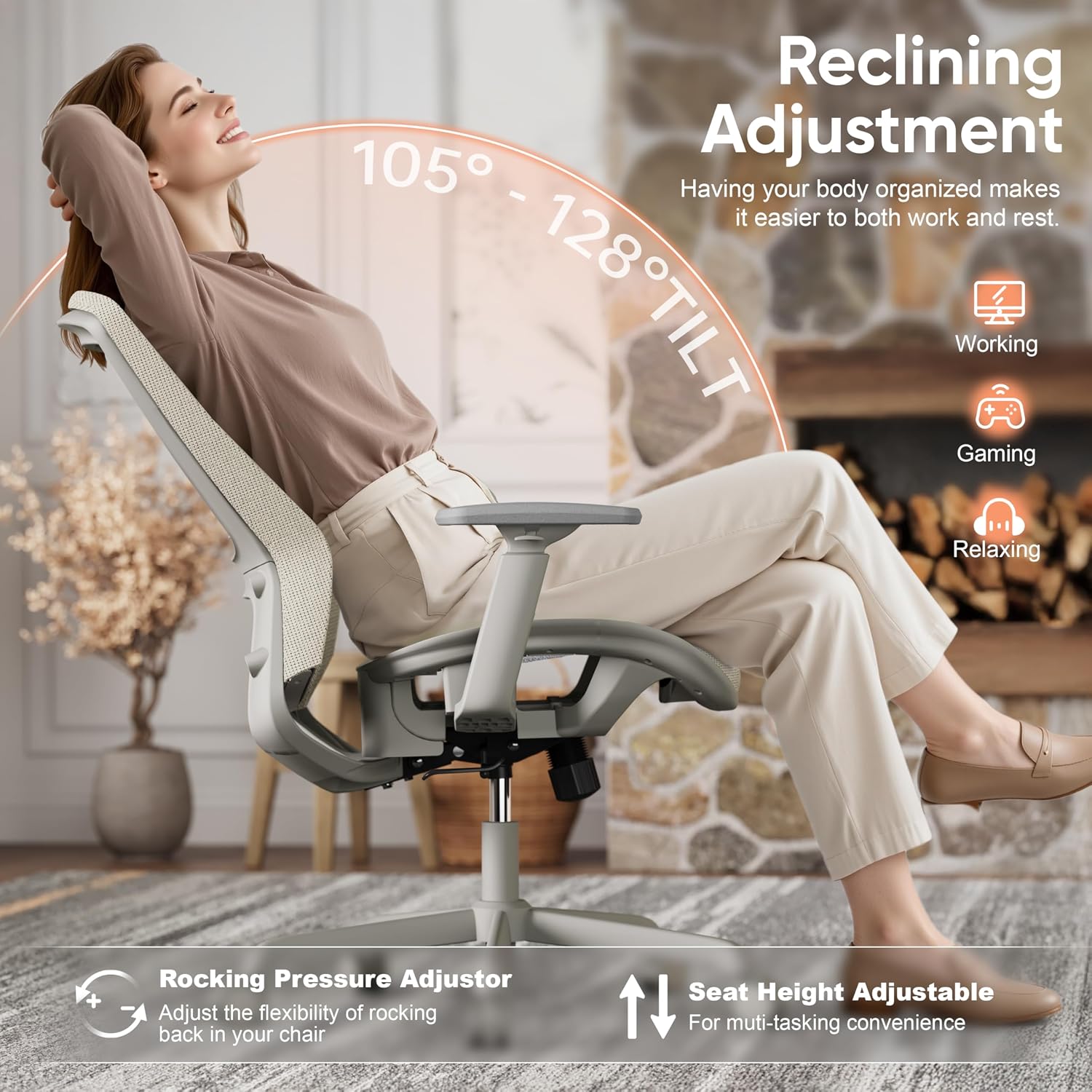 ELABEST Mesh Office Chair,Ergonomic Computer Desk Chair,Sturdy Task Chair- Adjustable Lumbar Support & Armrests,Tilt Function,Comfort Wide Seat,Swivel Home Office Chair (Beige)
