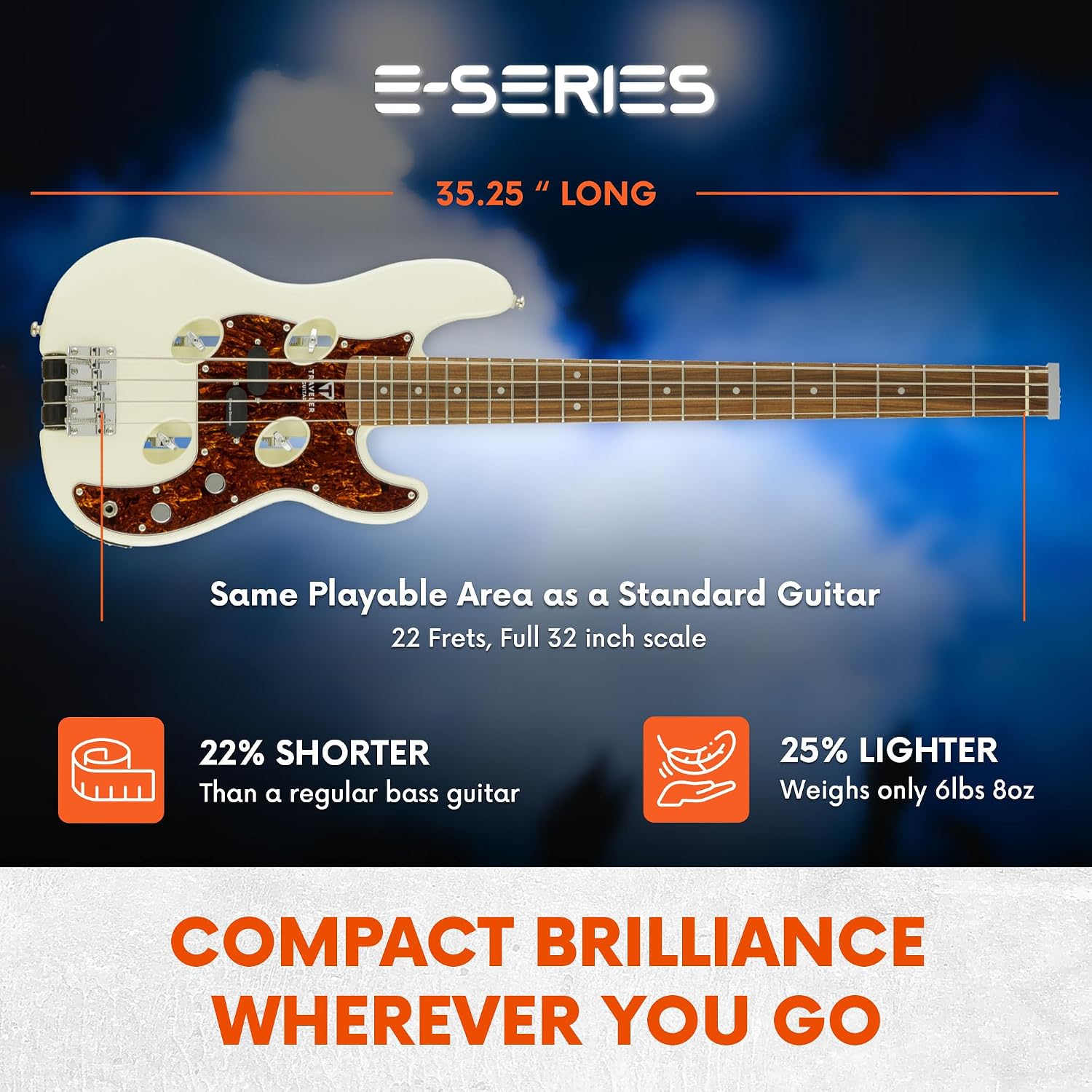 Traveler Guitar TB-4P Pearl White Bass | Travel Guitar with Aux-in | 4 String Bass Guitar with 22 Jumbo Frets | Full 32' Scale Portable Electric Bass Guitar | Headless Guitar with Custom Gig Bag