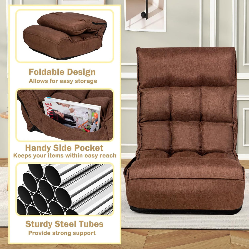 KOMFOTT Folding Floor Chair for Adults, Floor Gaming Chair with 5-Position Adjustable Headrest & 4-Position Adjustable Backrest, Side Pocket, Floor Seating Lazy Sofa for Reading, Meditating, Brown