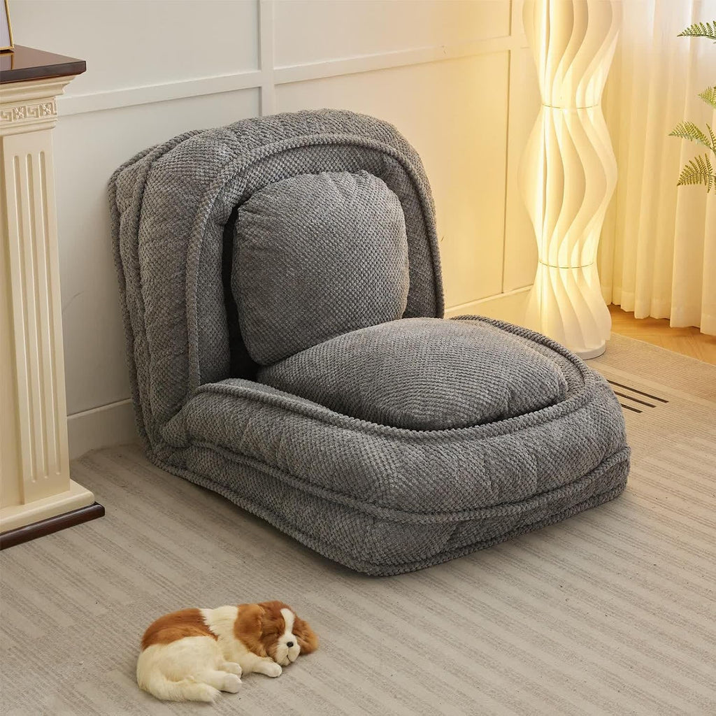 Floor Chair with Back Support, Folding Sofa Chair with 5 Adjustable Position, Plush Floor Gaming Chair, Meditation Chair for Lazy Boys, Human Dog Bed for Living Room, Bedroom, Lounge, Grey