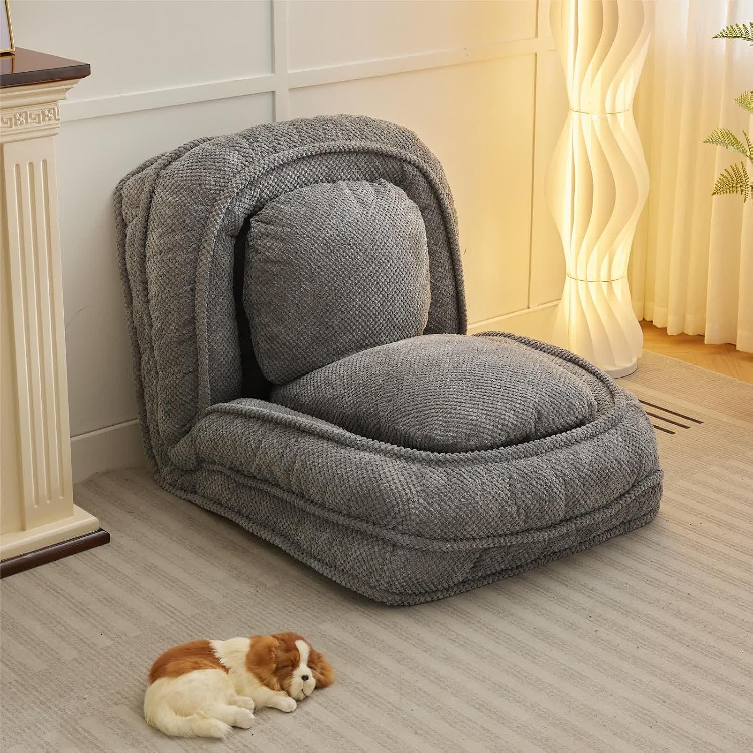 Floor Chair with Back Support, Folding Sofa Chair with 5 Adjustable Position, Plush Floor Gaming Chair, Meditation Chair for Lazy Boys, Human Dog Bed for Living Room, Bedroom, Lounge, Grey