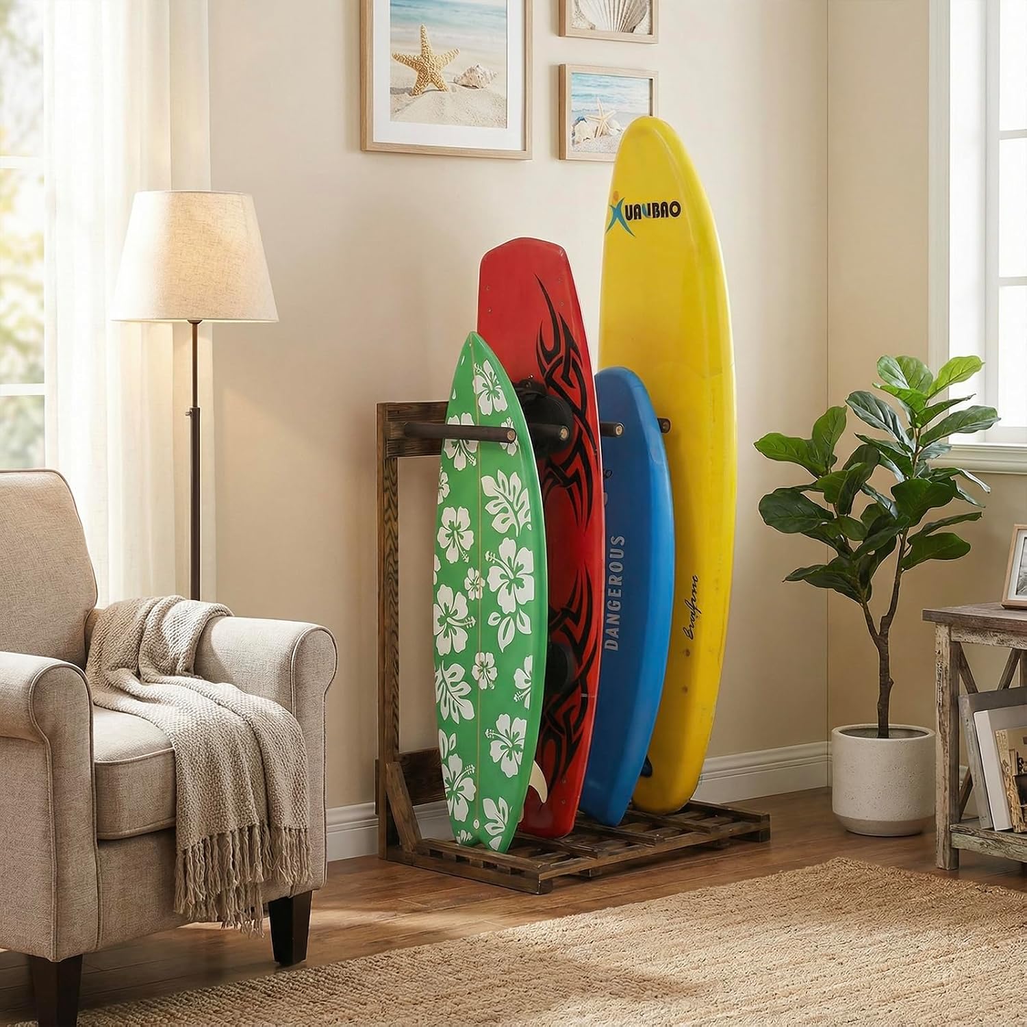 MyGift 4-Ft Tall Rustic Burnt Wood Freestanding Vertical Surfboard Rack, Wakeboard SUP Paddleboard Storage Rack - Holds up to 4 Boards