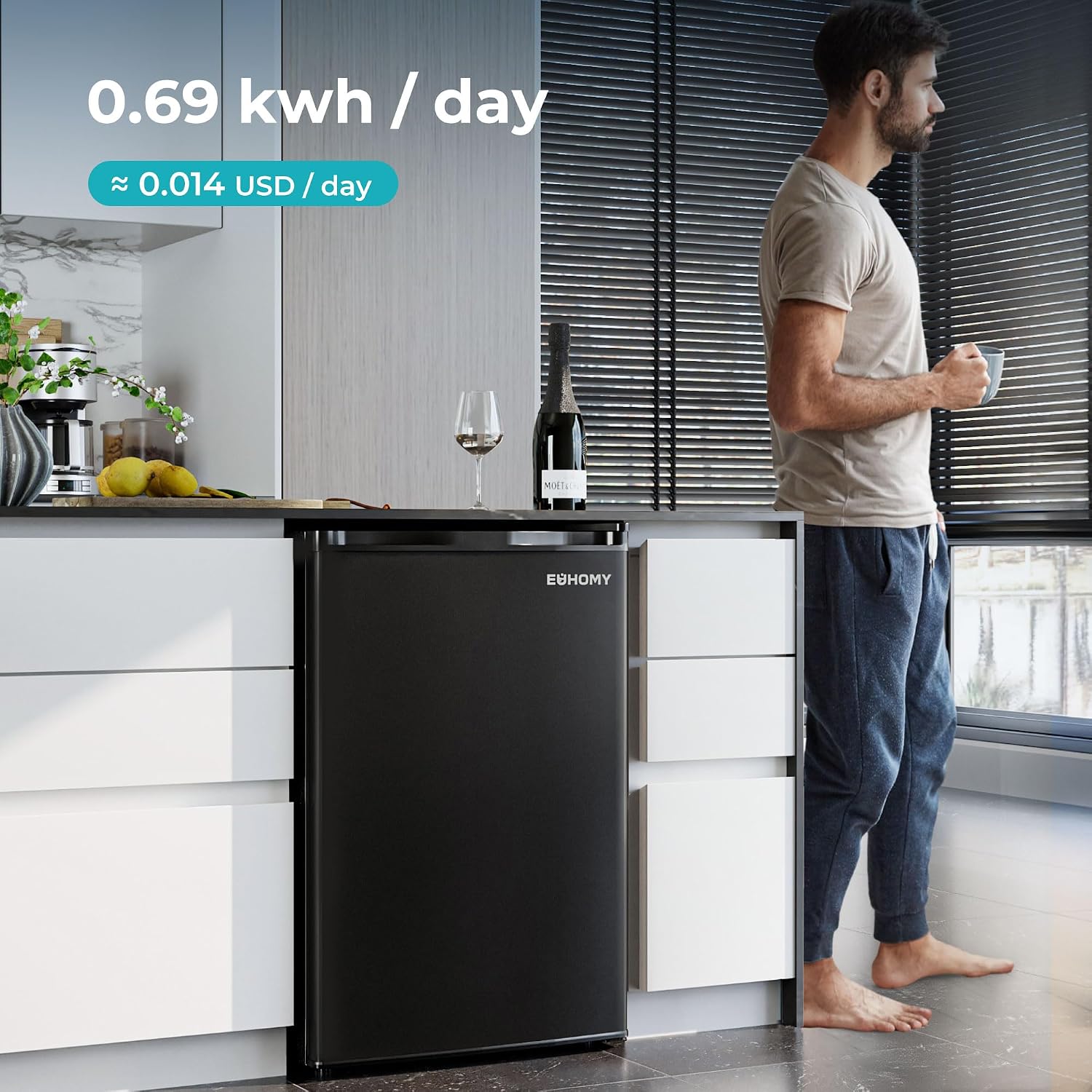 EUHOMY 4.4 Cu.Ft Fridge with Freezer, Single Door Compact Refrigerator, Adjustable Thermostat, Mini Refrigerator Energy Saving, Mini fridge for Bedroom, Dorm, Office, Black