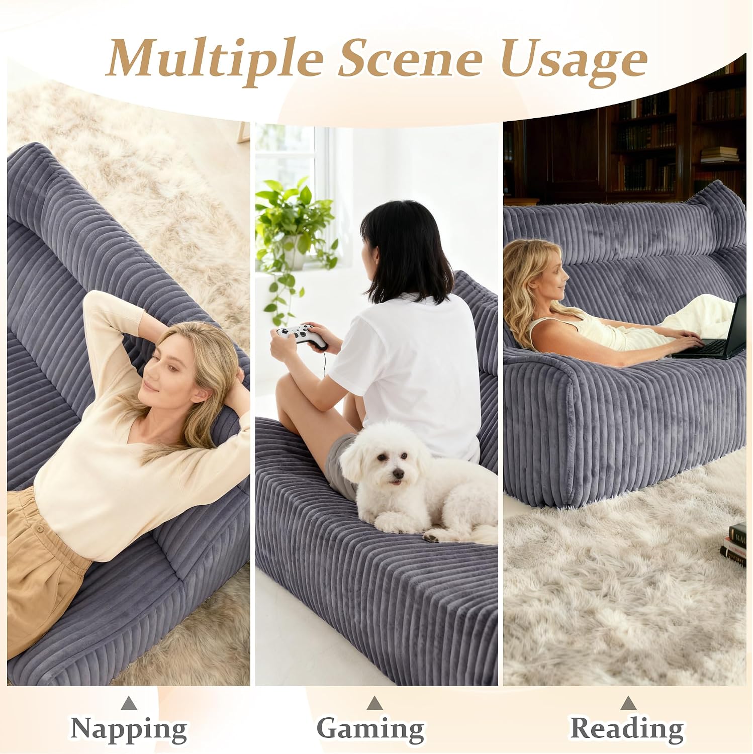 Bean Bag Chairs for Adults, Giant Bean Bag Chair, Memory Foam Lounge Chair, Comfy Lazy Floor Chair, Bean Bag Sofa for Living Room, Bedroom and Office, Loveseat Bean Bag (Grey)