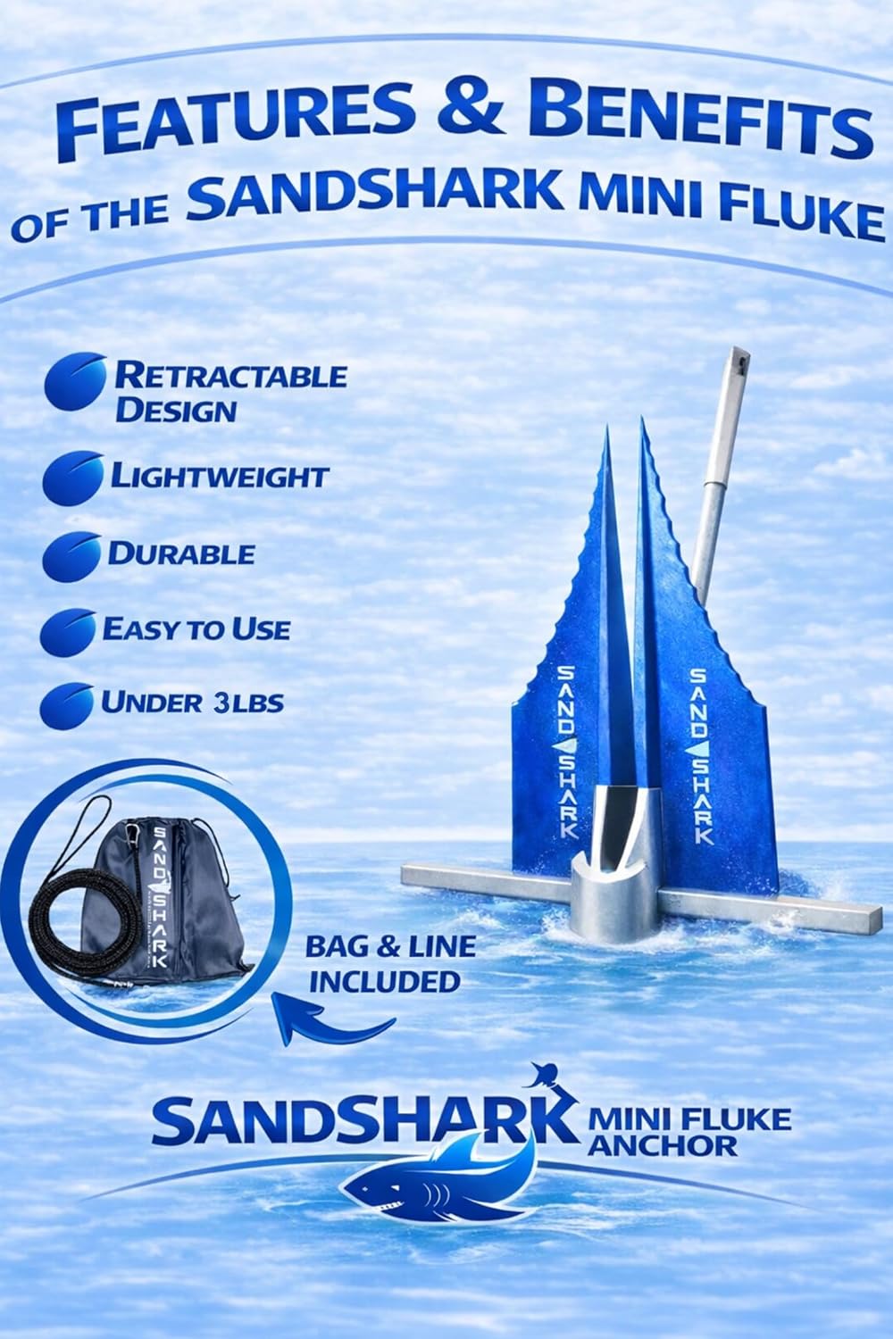 SandShark Premium Fluke Anchor-Retractable Shaft Easy Storage-Aluminum Pontoon Boat Anchor, Jet Ski Anchor. Boats<30 ft. Sand Anchor for Boat, Boat Anchor.