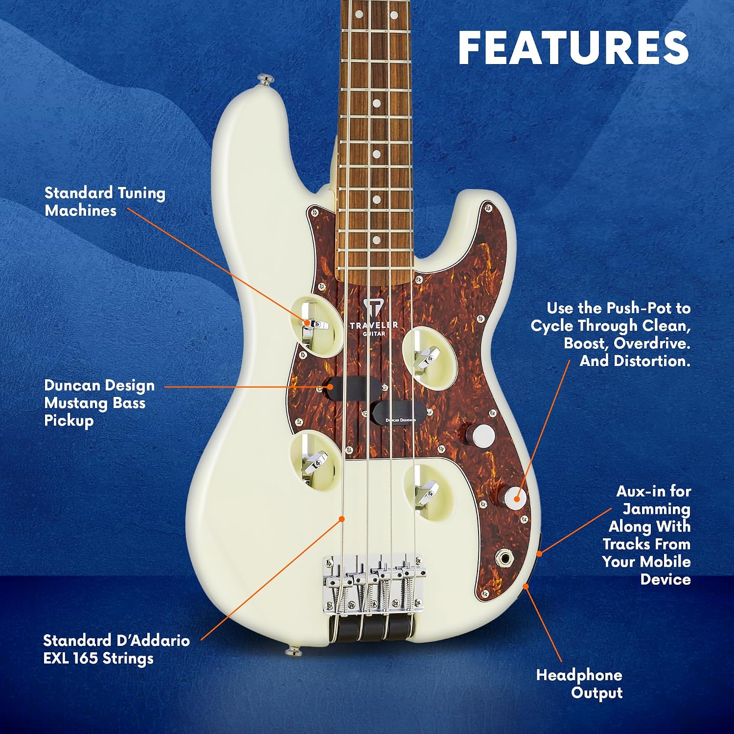 Traveler Guitar TB-4P Pearl White Bass | Travel Guitar with Aux-in | 4 String Bass Guitar with 22 Jumbo Frets | Full 32' Scale Portable Electric Bass Guitar | Headless Guitar with Custom Gig Bag