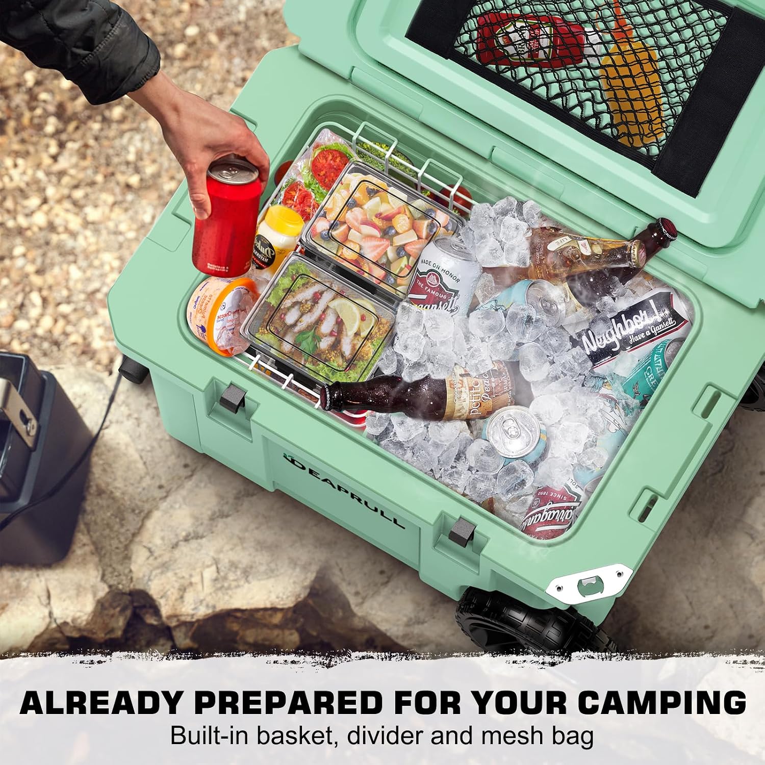 55 Quart Cooler with Wheels, Ice Chests Portable Camping Cooler Holds Ice up to 6 Days, Leak-Proof Outdoor Insulated Cooler with Handle, Cup Holders, Hard Cooler for Camping, Beach, Boat