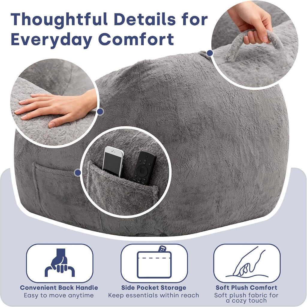 SUNBURY 47' L-Shaped Bean Bag Chair with Armrests, Ergonomic Memory Foam Floor Lounger, Cozy Gamer Chair with Side Pocket & Carry Handle, Washable Faux Fur Cover for Living Room & Dorm, Grey