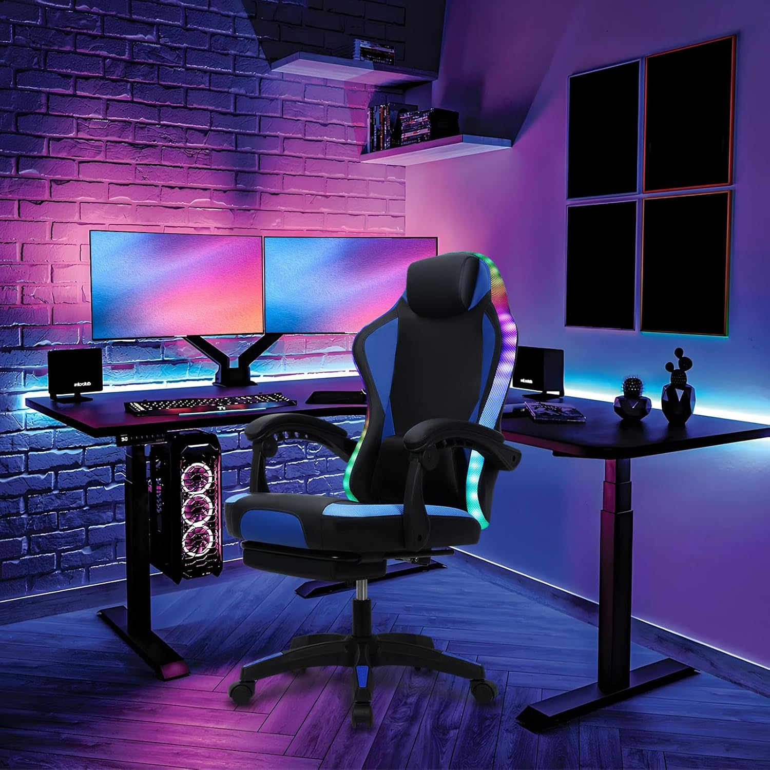 Gaming Chair with LED Lights, Gamer Chair with Height Adjustable, Ergonomic Massage Computer Gaming Chair with Footrest, Video Game Chair with Lumbar Support for Adults