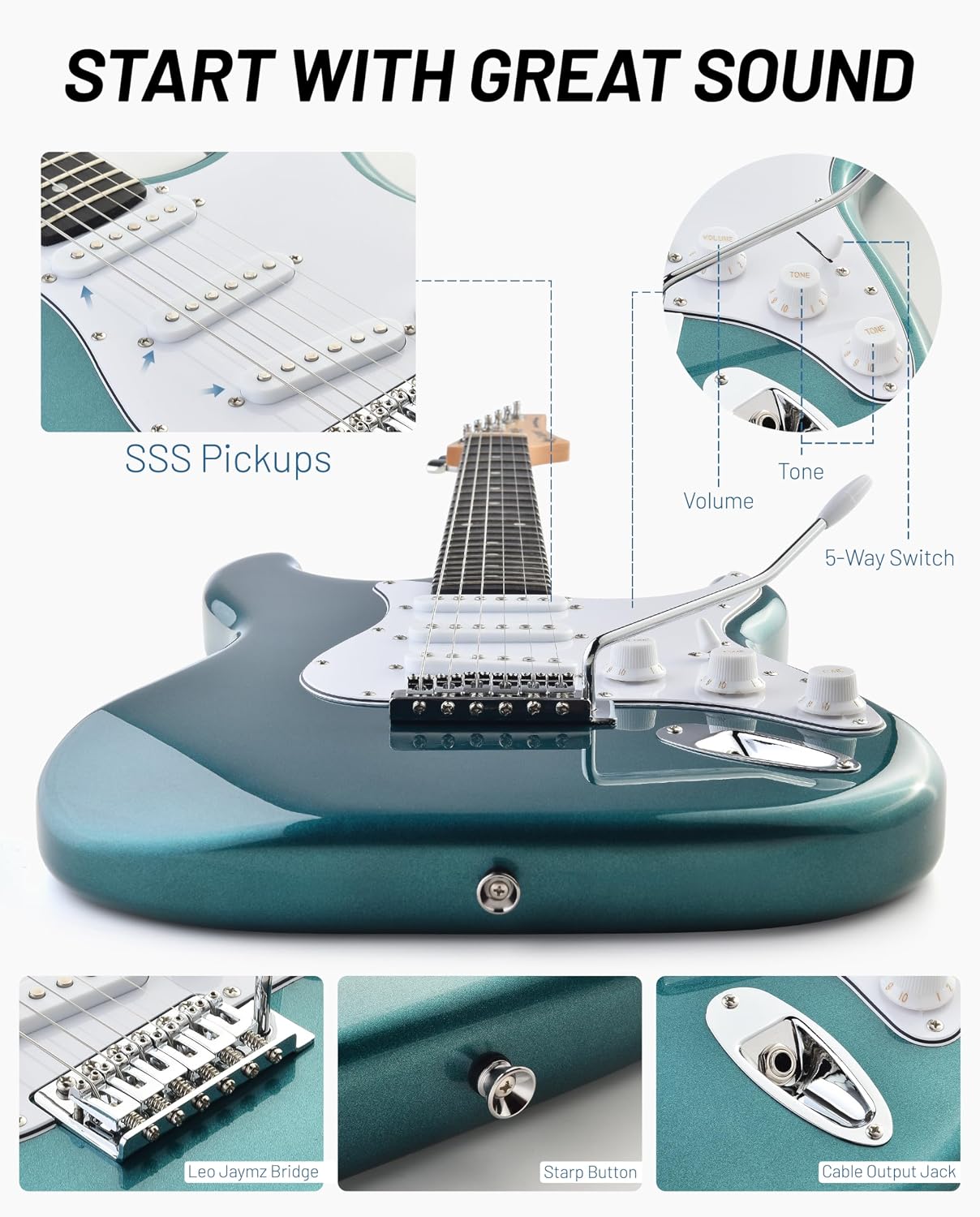 Leo Jaymz Beginner Electric Guitar Complete Kit with Portable Amp, Padded Gig Bag & Full Accessories, Maple Neck SSS Pickups(Teal)