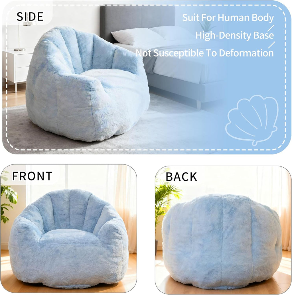 Bean Bag Chair, Giant Beanbag Chiars for Adults, Faux Fur Shell-Shaped Floor Sofa with Filler, Comfy Chair for Reading, Gaming and Relax (Blue)