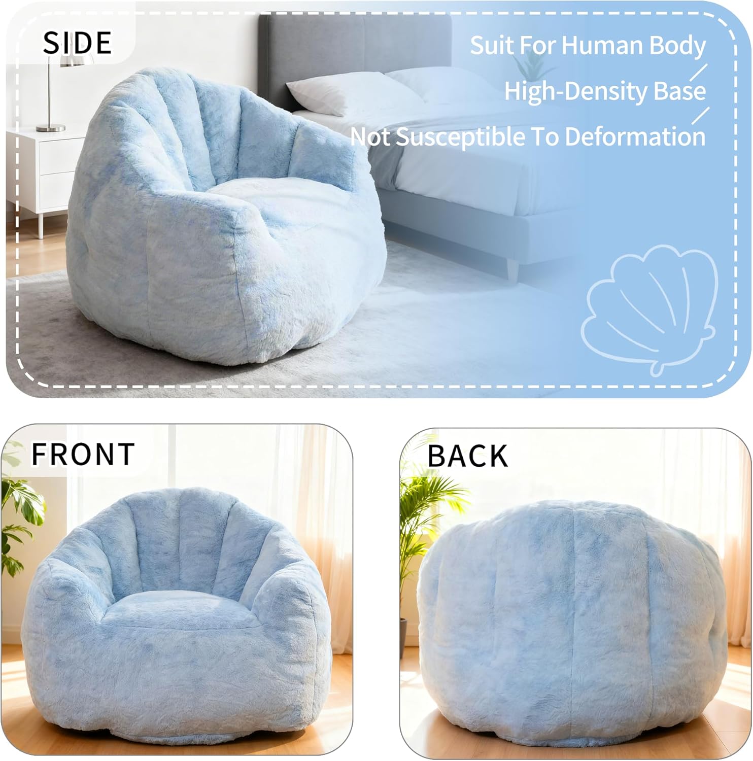Bean Bag Chair, Giant Beanbag Chiars for Adults, Faux Fur Shell-Shaped Floor Sofa with Filler, Comfy Chair for Reading, Gaming and Relax (Blue)