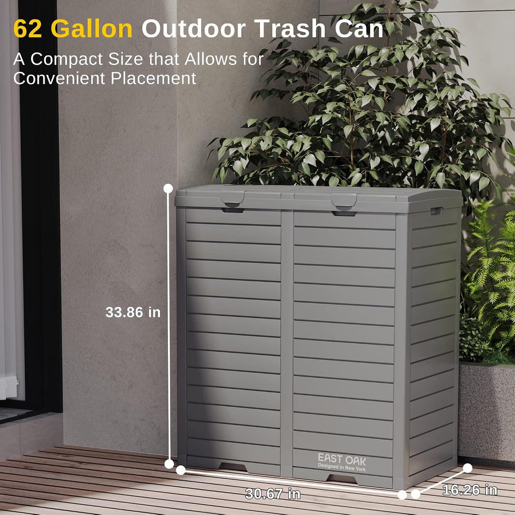 East Oak 62 Gallon Outdoor Trash Can | Waterproof Resin Garbage Can Featuring Tiered Lid & Drip Tray | Outside Trash Bin for Kitchen, Patio | Backyard & Deck | Gray Color