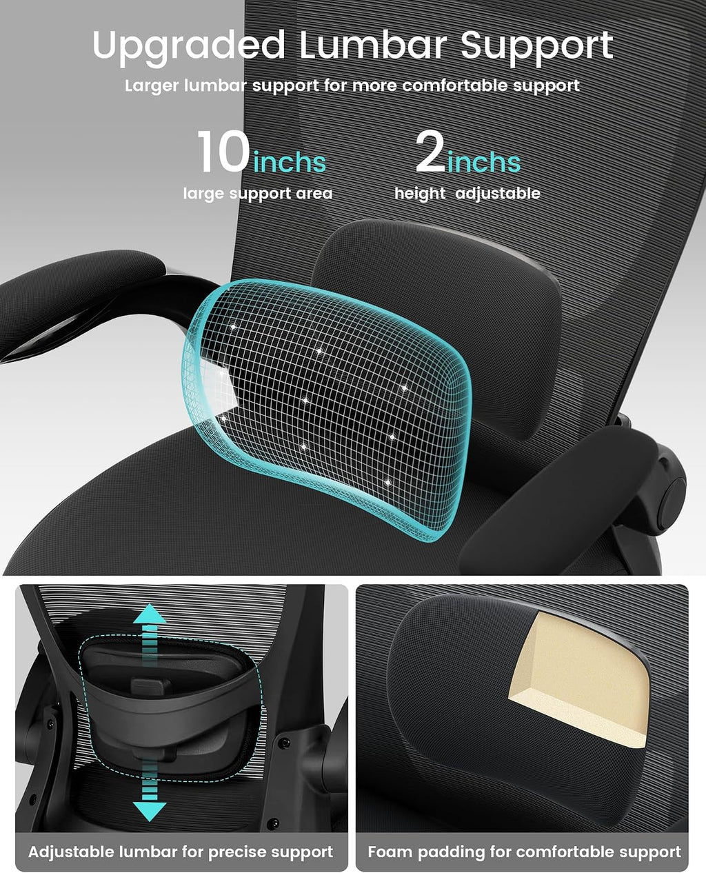MUXX.STIL Office Chair, Ergonomic Desk Chair with Adjustable Lumbar Support and Flip up Armrest, Breathable Mesh Computer Chair for Home Office, Black