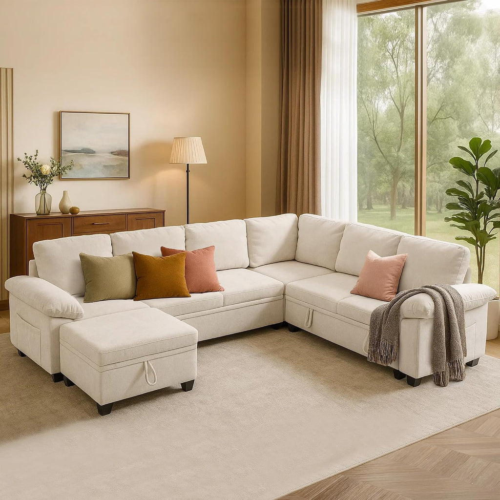Modular Sectional Sofa with Pull Out Bed Sleeper Sofa L Shaped with Storage, Sectional Couch for Living Room Convertible Sofa Bed with Removable Sofa Cover(7 Seats Beige)