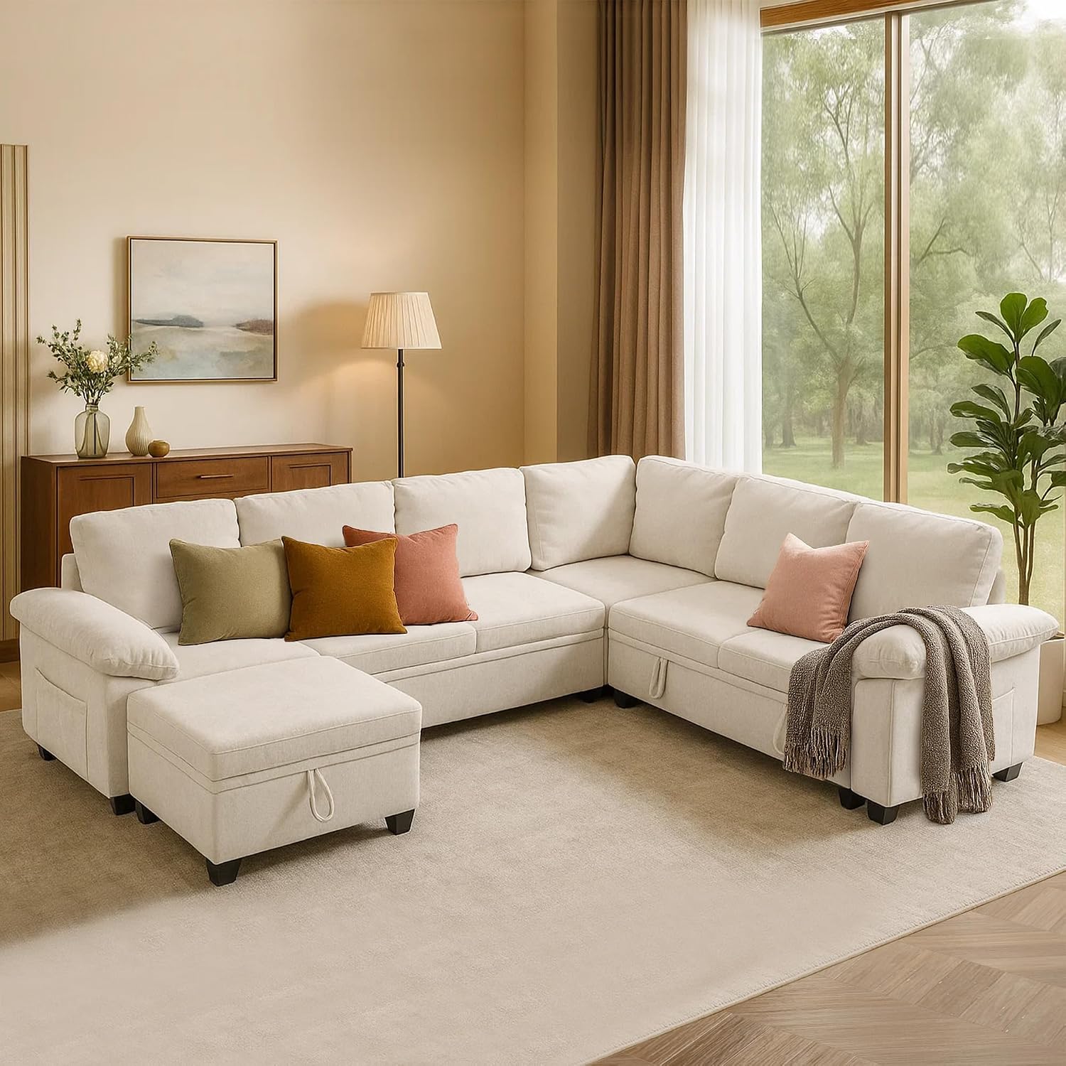 Modular Sectional Sofa with Pull Out Bed Sleeper Sofa L Shaped with Storage, Sectional Couch for Living Room Convertible Sofa Bed with Removable Sofa Cover(7 Seats Beige)