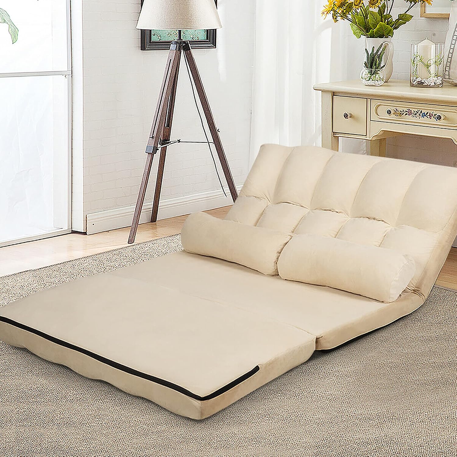 DORTALA Foldable Floor Sofa, 6-Position Adjustable Lounge Couch with 2 Pillows & Suede Cloth Cover, Modern Lounge Mattress Video Gaming Lazy Couch, Suede Floor Seating Sofa, 71' x 44.5', Beige