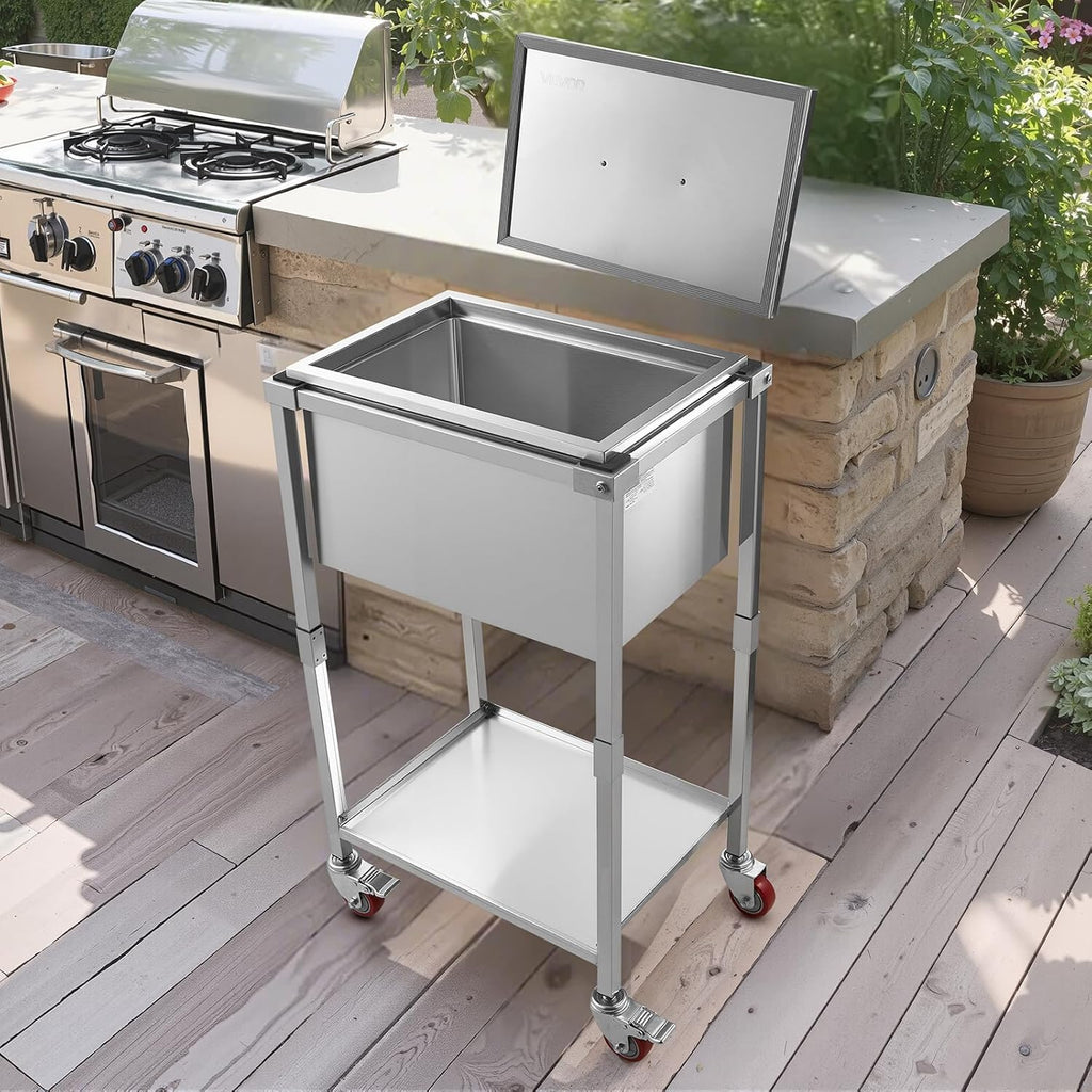 VEVOR Commercial Ice Bin, Underbar Ice Bin, Stainless Steel Ice Chest with Sliding Lid, Bottle Holders, Adjustable Bullet Feet, Cooler Cart Cocktail Unit for Bar Restaurant Pub
