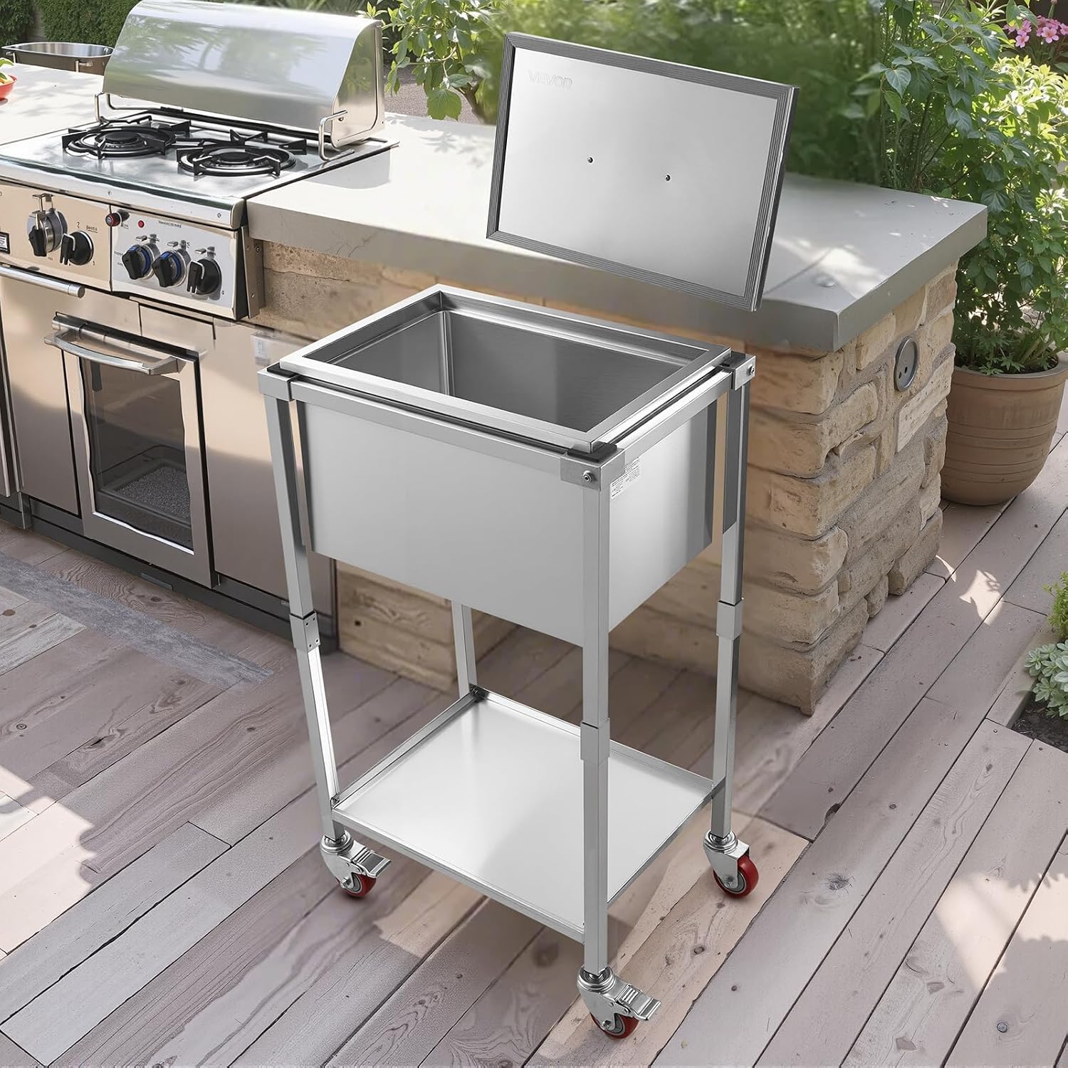 VEVOR Commercial Ice Bin, Underbar Ice Bin, Stainless Steel Ice Chest with Sliding Lid, Bottle Holders, Adjustable Bullet Feet, Cooler Cart Cocktail Unit for Bar Restaurant Pub
