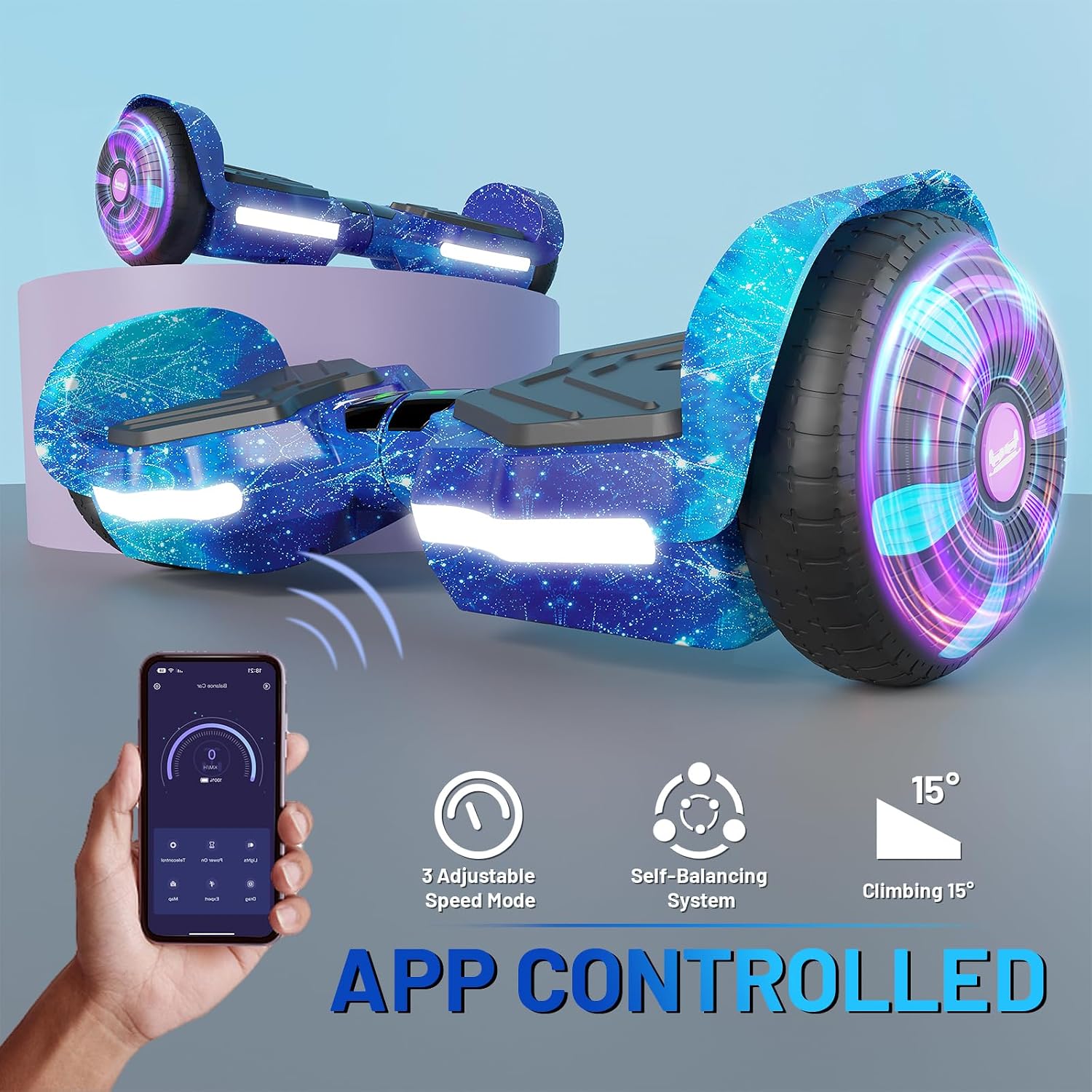 SIMATE Scooter, Bluetooth Speakers and LED Light-Up Wheels, APP Control, Dual 250W Motors, 8.5 mph Max Speed & 8.5 Miles Max Range, Gifts for Kids Adults Girls Boys