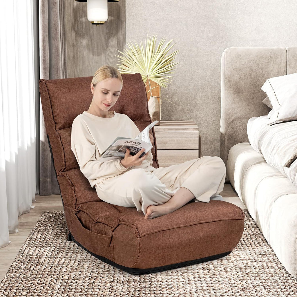 KOMFOTT Folding Floor Chair for Adults, Floor Gaming Chair with 5-Position Adjustable Headrest & 4-Position Adjustable Backrest, Side Pocket, Floor Seating Lazy Sofa for Reading, Meditating, Brown