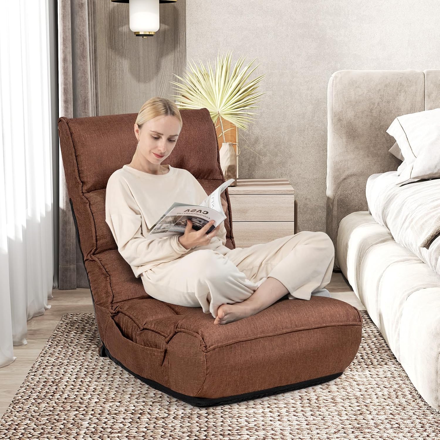 KOMFOTT Folding Floor Chair for Adults, Floor Gaming Chair with 5-Position Adjustable Headrest & 4-Position Adjustable Backrest, Side Pocket, Floor Seating Lazy Sofa for Reading, Meditating, Brown