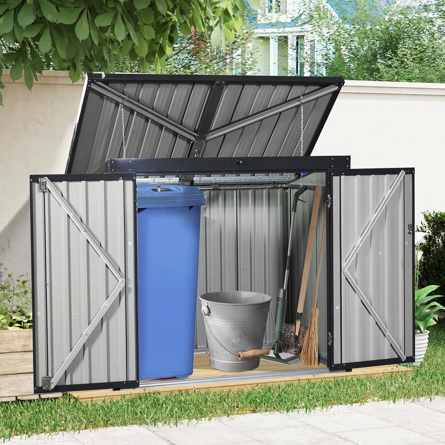 Metal Outdoor Garbage Bin Shed Storage Enclosure for Two 64-Gallon Carts, Lockable Door, Sloped Roof, Waterproof UV-Protected Galvanized Steel Walls, Utility Tool Bike Firewood Pet House Use (Black)