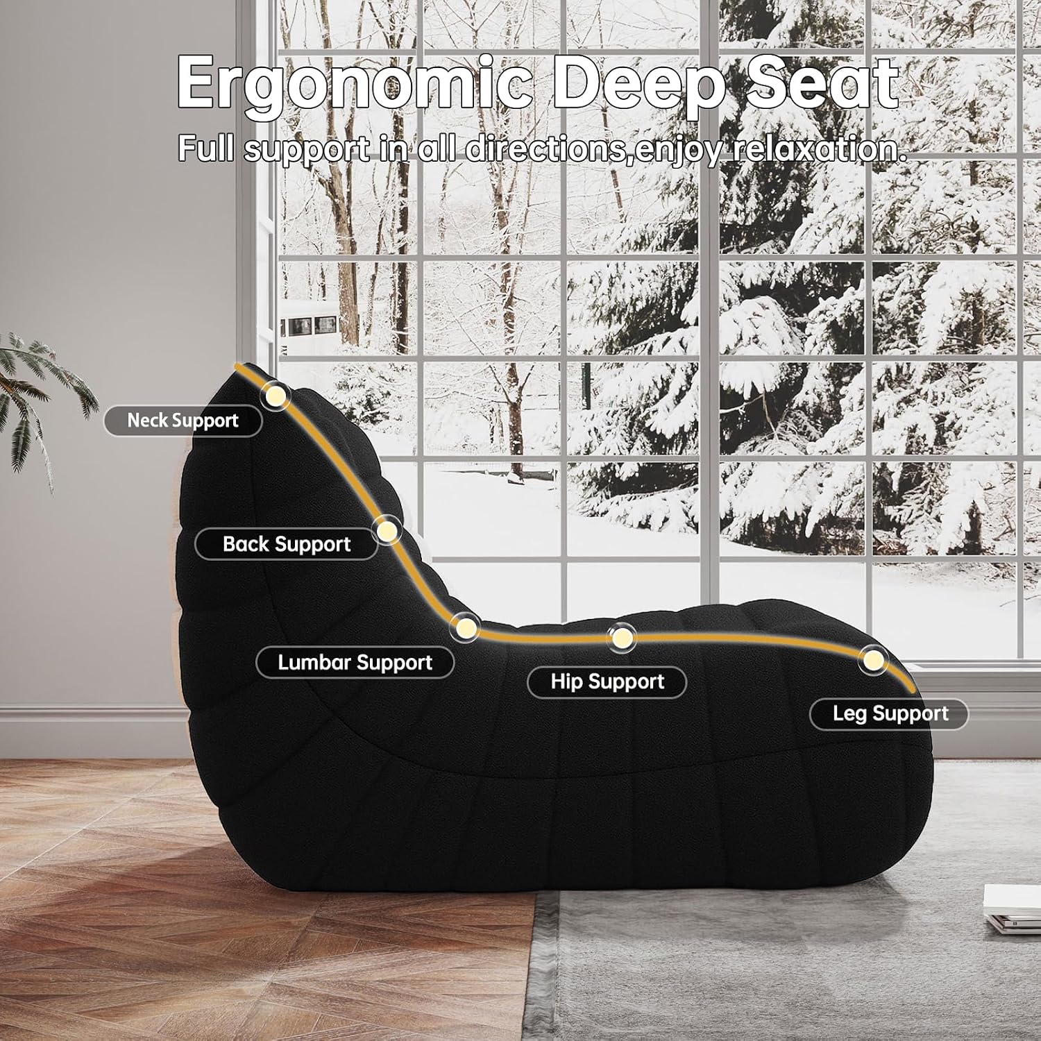 WHGBJA Bean Bag Chairs for Adults, BeanBag Reading Chair Memory Foam Couch 3-Seater, Floor Chair Soft Teddy Material, Comfy Reading Nook Chairs for Bedroom Living Room Office (Black)