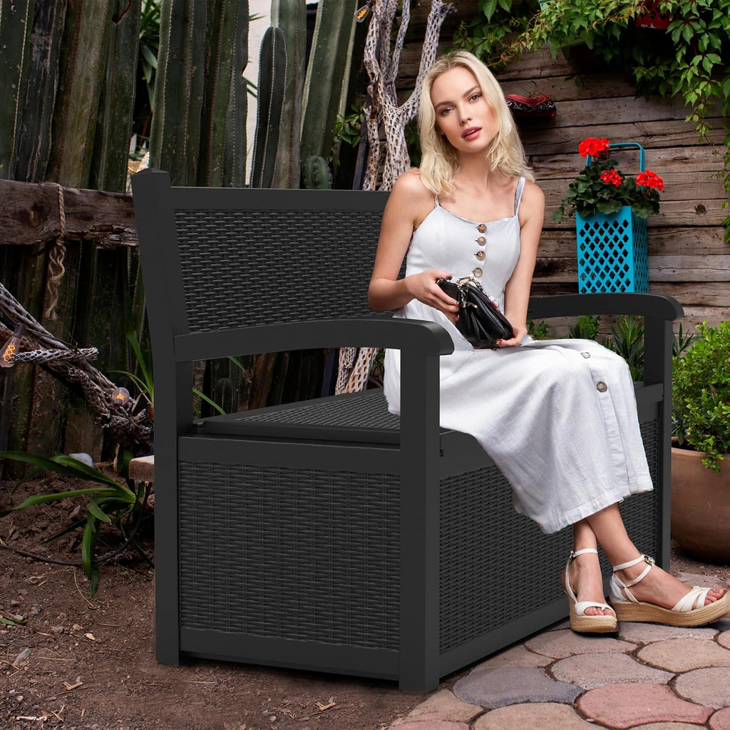 70 Gallon Storage Bench Deck Box Resin Patio Furniture with Armrest, Waterproof and UV Resistant Lockable for Patio Furniture, Garden Decor and Outdoor Seating for Cushions, Garden Tools,Black