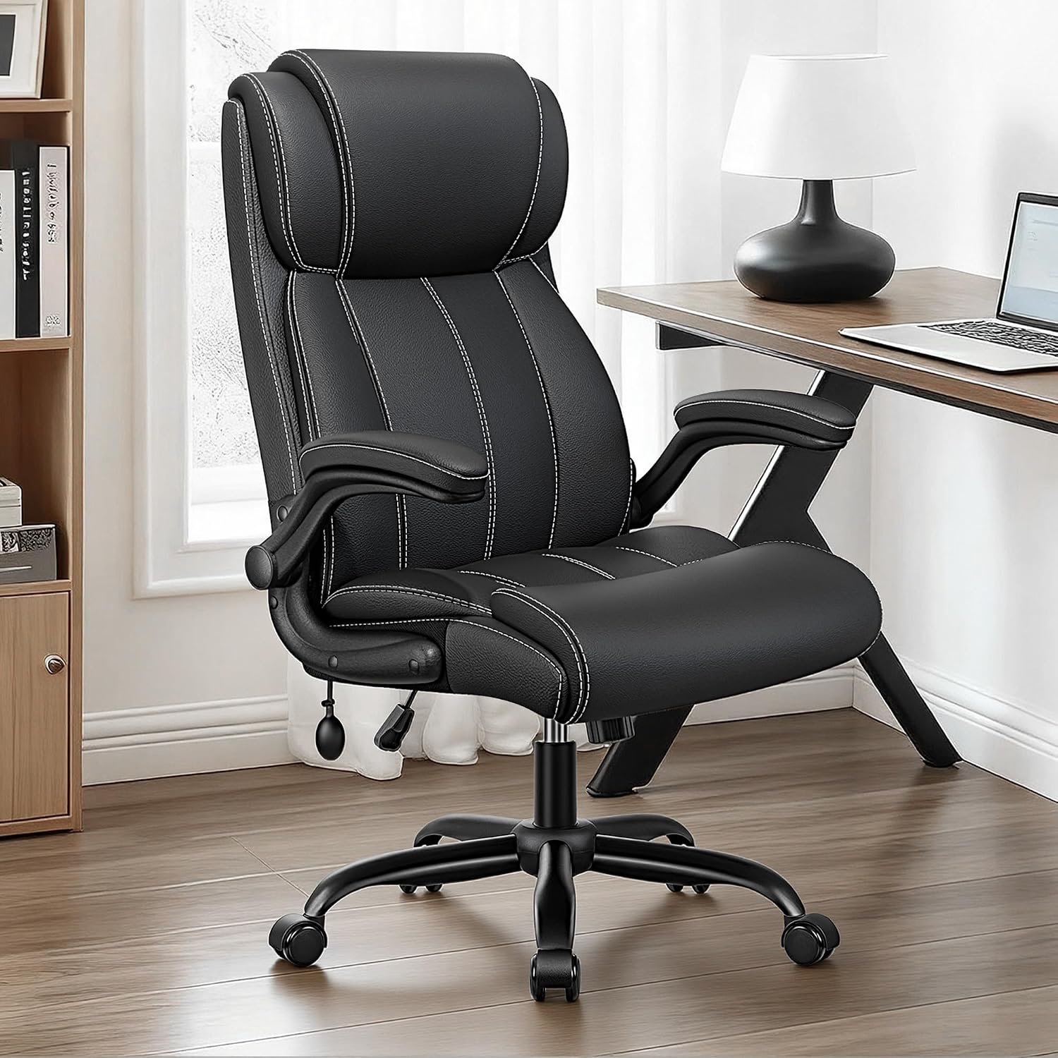 BESTFAIR Ergonomic Office Chair - Desk Computer Chair, Leather High Back Executive Chairs with Adjustable Lumbar Support & Flip Up Arms, Black 4 Pack