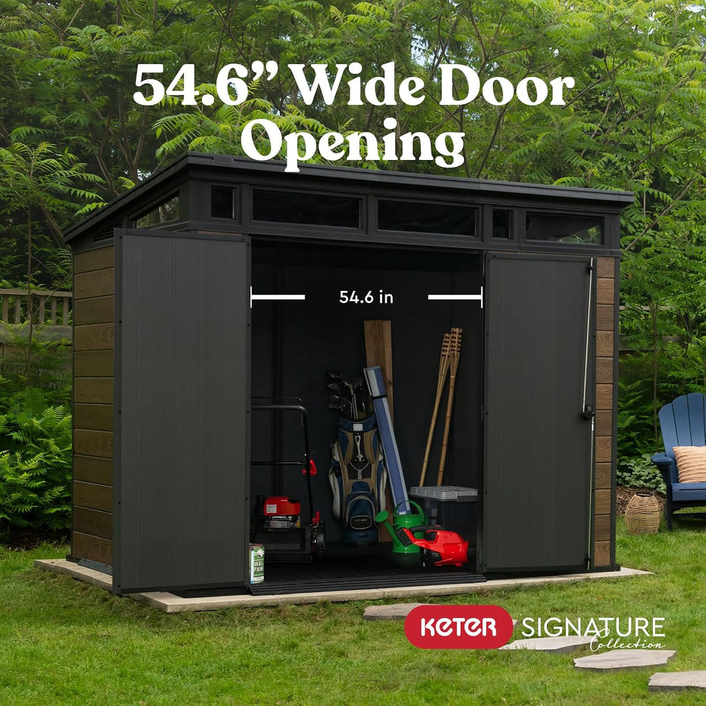 Keter Signature Collection 9x7 Ft All-Weather Storage Shed with Skylight, Window, Built-in Ventilation, & Lockable Double Doors, Walnut