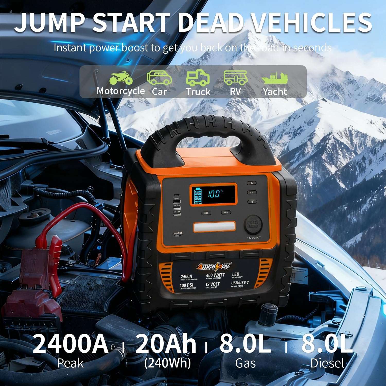 2400A Car Battery Jump Starter and Portable Power Station – Starts 8.0L Gas & 8.0L Diesel – 6-in-1 Jump Starter with Air Compressor 100 PSI Tire Inflator – 400 Watt Inverter AC/DC/USB Outlets