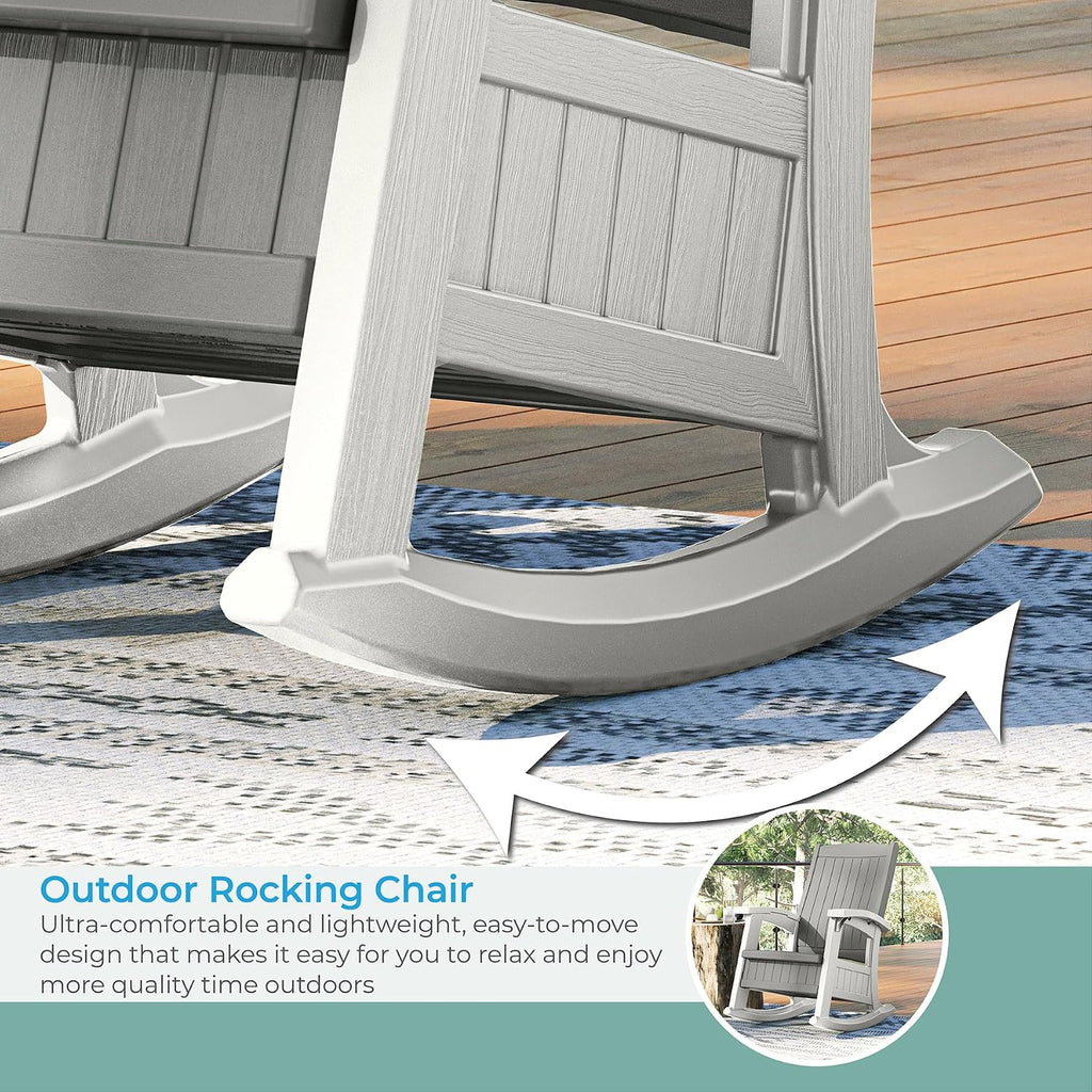 Suncast Outdoor Patio Rocking Chair with Under-Seat Storage, Stylish Faux Wood Outdoor Rocker for Patios, Dove Gray and Ice Cube, Made in The USA