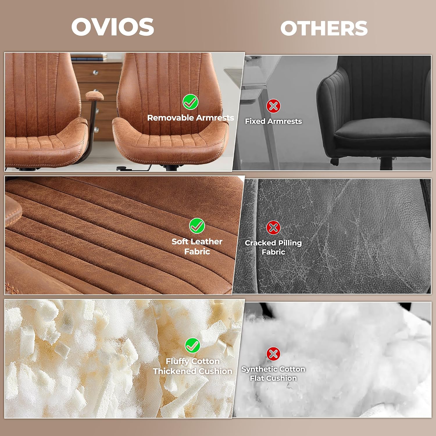 ovios Ergonomic Office Chair, High Back Faux Leather Executive Chairs with Armrests, Comfy Mid-Century Modern Swivel Rolling Computer Armchair (Brown, Suede Leather)
