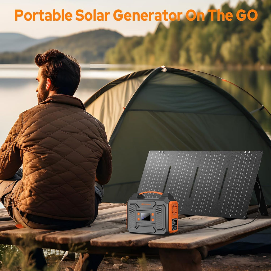 Portable Solar Power Station with Foldable Solar Panel 60W, 110V 300W AC Outlet Solar Power Pack Generator with Panels,100W Fast Charging USB C Power Bank for Camping Laptop Smart Devices RV Outdoor