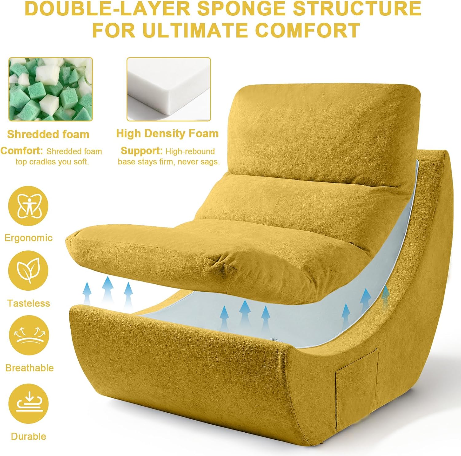 Comfy Reading Chair for Adults, Modular Sectional Sofa Bean Bag Chair, Cloud Boneless Couch Style with High Rebound Foam, Single Seat Compressible Sofa for Living Room & Bedroom, Yellow