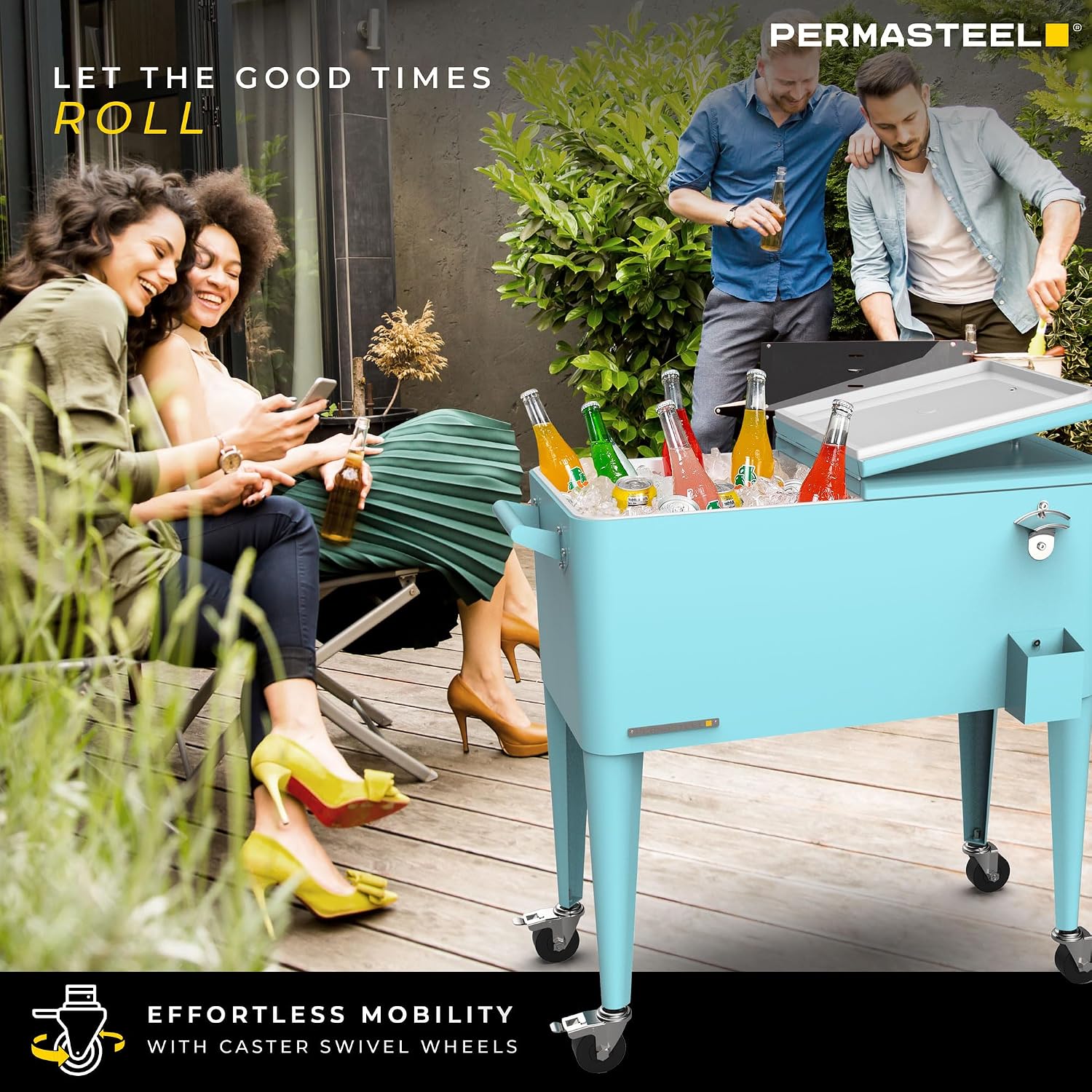 Permasteel 80-Qt Large Outdoor Patio Cooler with Wheels & Handles, Portable Rolling Hard Cooler for Outside, Retro Ice Cooler Cart, Beverage Can Coolers for Backyard Parties