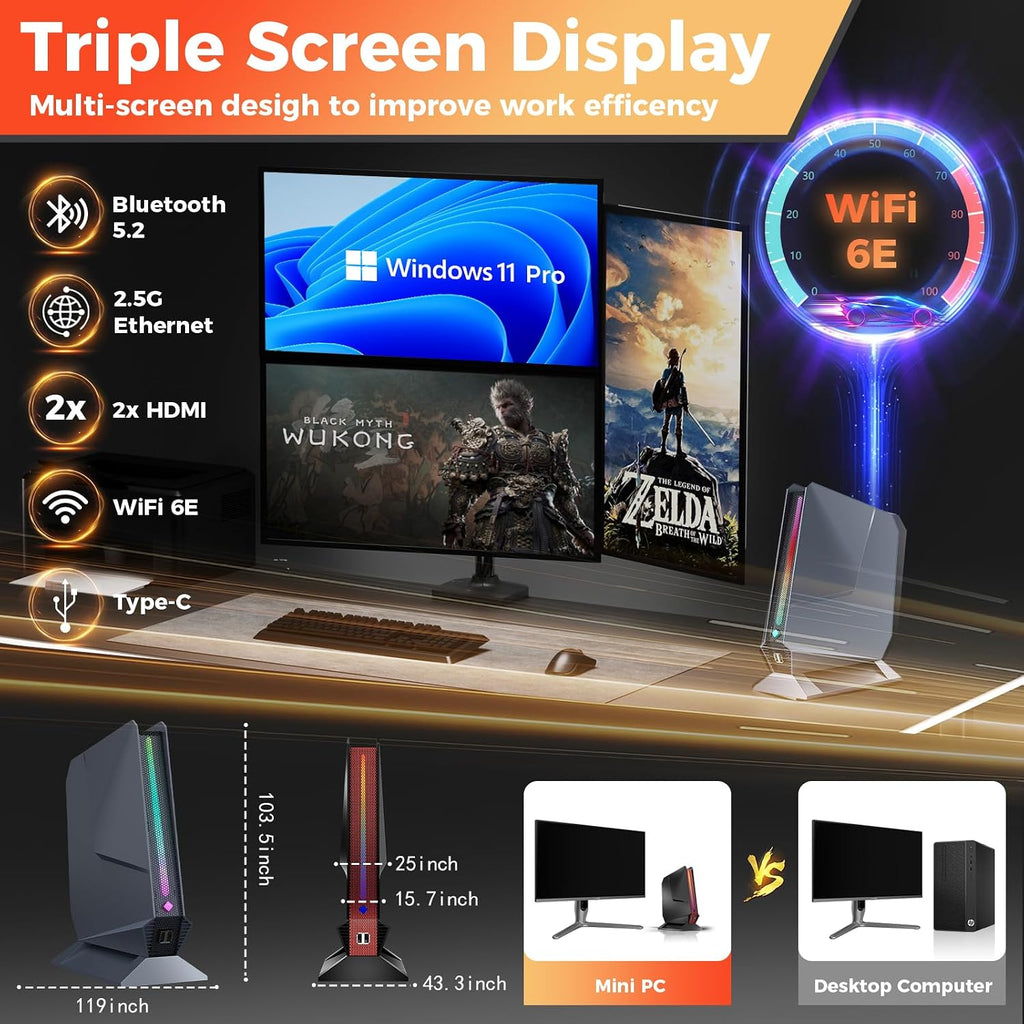 Mini PC, 12Th Gen Intel Core i9-12900HK, GeForce RTX 3050Ti 8G Mini Desktop Computer with RGB Lights, 32GB DDR4 RAM, 1TB PCIe4.0 SSD, Triple 4K Display, WiFi 6E BT 5.2, 2.5G LAN, Win 11 Pro Desktop PC