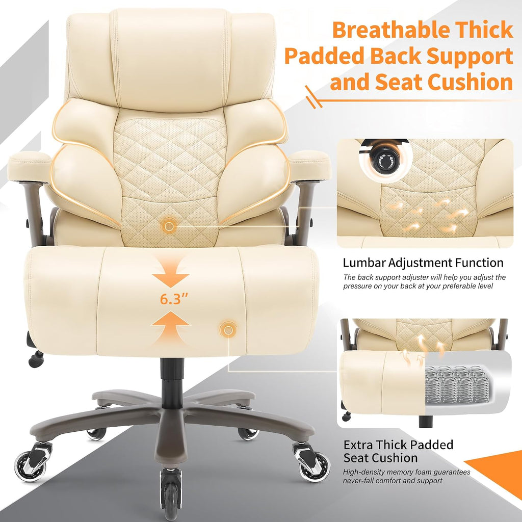 VUZI 700lbs Big and Tall Office Chair-Large Computer Chair with Adjustable Lumbar Support 3D Flip Arms Plus Size Wheels, High Back Executive Desk Chair, Heavy Duty Metal Base, Thick Padded Wide Seat