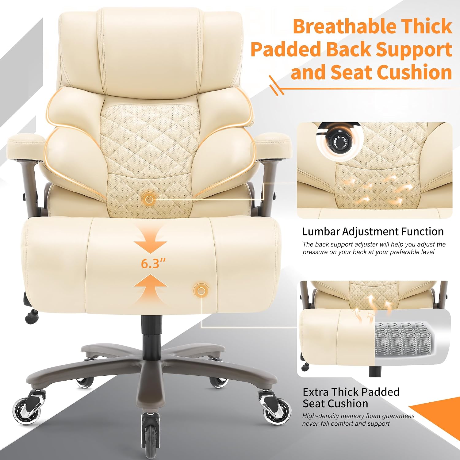 VUZI 700lbs Big and Tall Office Chair-Large Computer Chair with Adjustable Lumbar Support 3D Flip Arms Plus Size Wheels, High Back Executive Desk Chair, Heavy Duty Metal Base, Thick Padded Wide Seat