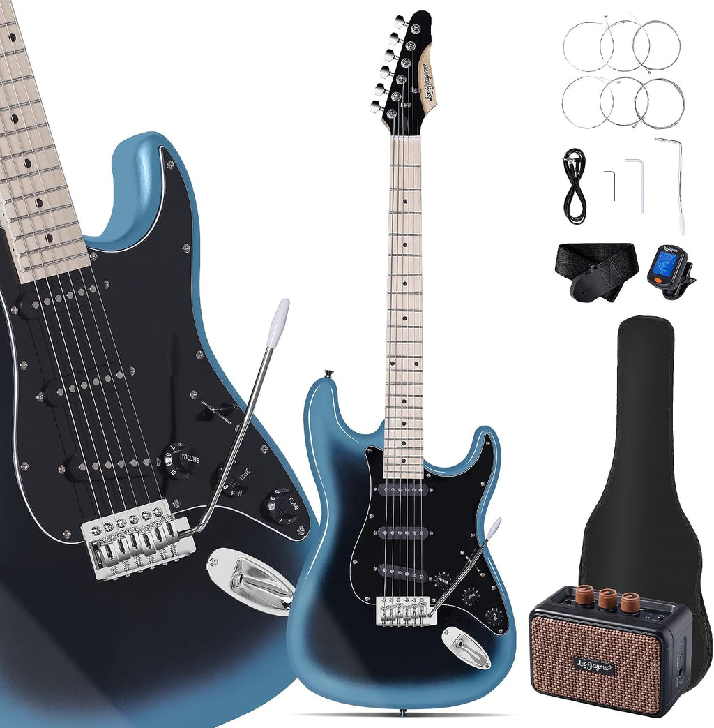 Leo Jaymz 39' Full Size ST Style Electric Guitar Starter Kit with SSS Pickups, 5W Portable Amp, Tuner, Gig Bag, Strap & Accessories(Blue Black 5W)
