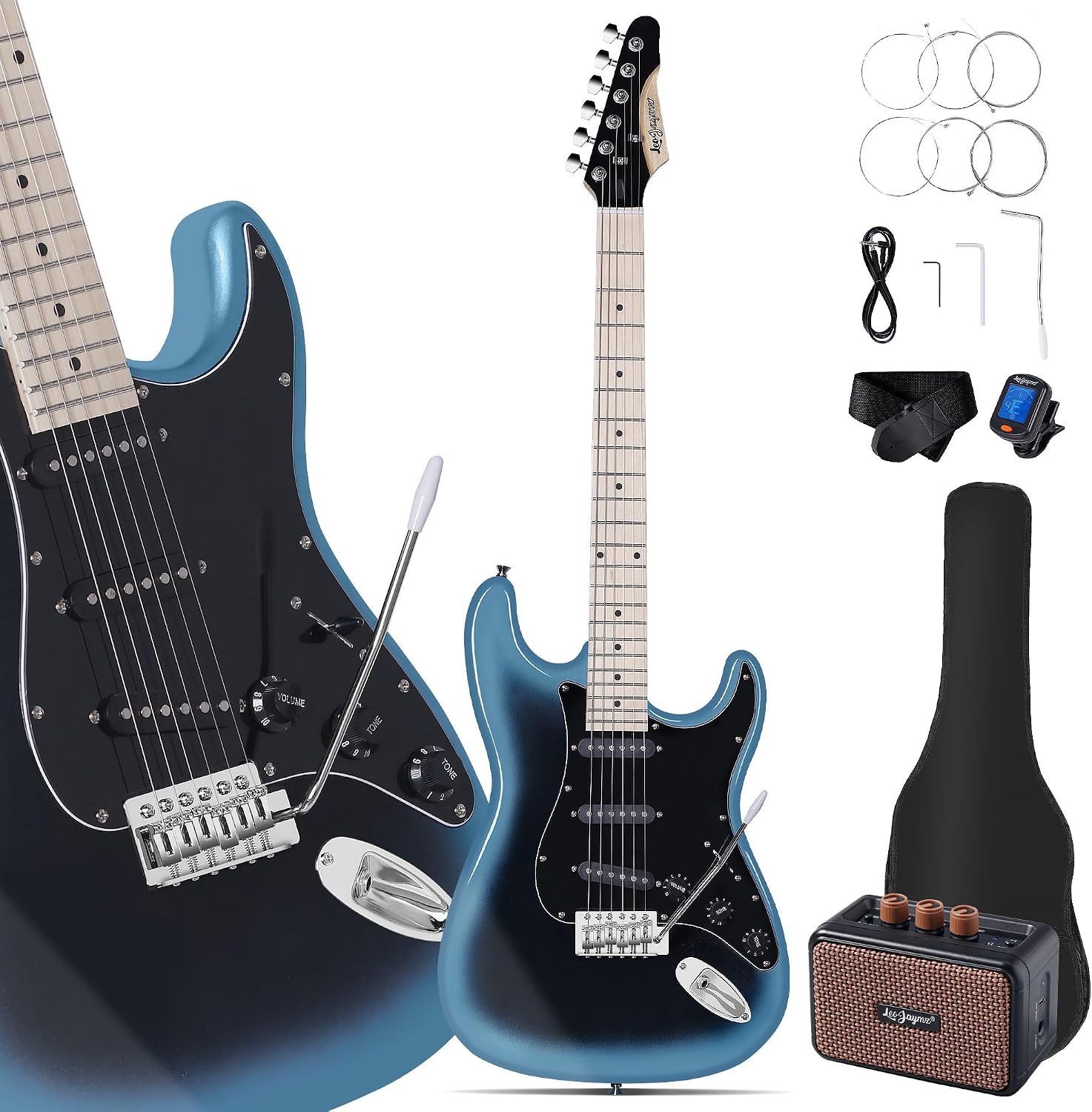 Leo Jaymz 39' Full Size ST Style Electric Guitar Starter Kit with SSS Pickups, 5W Portable Amp, Tuner, Gig Bag, Strap & Accessories(Blue Black 5W)