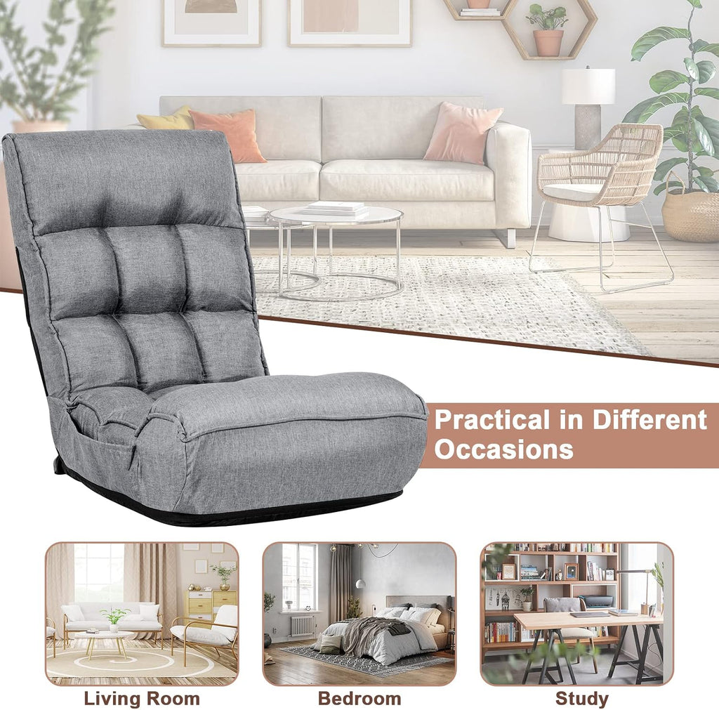 Moccha Folding Floor Chair, Adjustable Sofa Chair with 5-Position Headrest & 4-Position Backrest, Floor Gaming Chairs with Thicken Cushion, Padded Chaise Lounge for Bedroom, Living Room, Gray