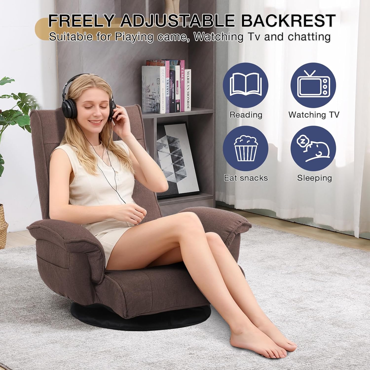 Linen Fabric Ergonomic Gaming Chair, 6-Position Reclining Sofa Bed with Lumbar Support, Foldable Floor Lounger with Thick Cushion, Armrests & Side Pockets for Esports, Reading, Napping (Brown)