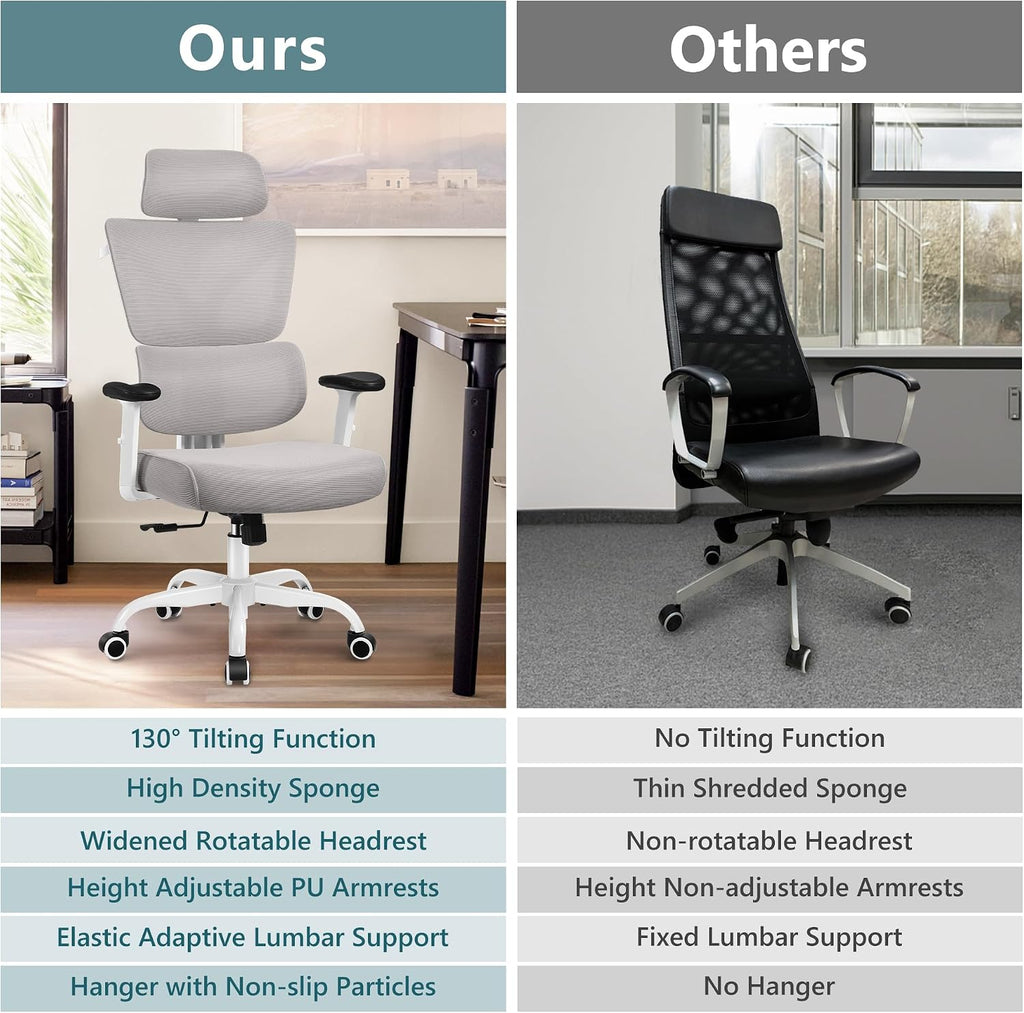 Winrise Office Chair Ergonomic Desk Chair, High Back Gaming Chair, Big and Tall Reclining Chair Comfy Home Office Desk Chair Lumbar Support Breathable Mesh Computer Chair Adjustable Armrests (Gray)