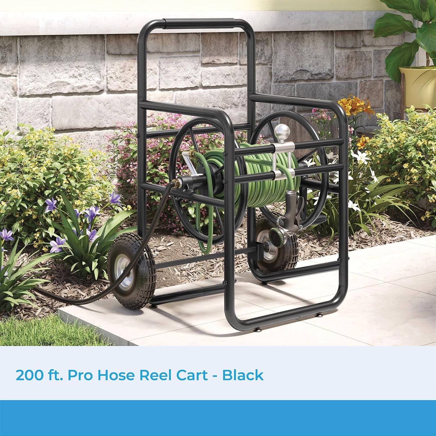 Suncast 200' Pro Hose Reel Cart with Flat-Free Rubber Tires, Outdoor Weather-Resistant Steel Garden Hose Reel Cart, 200' of 5/8' Hose Capacity, Made in the USA
