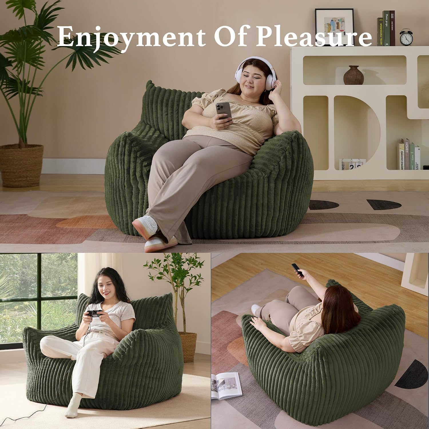Gericco Giant Plush Bean Bag Chair for Adults with Armrests - Oversized Comfy Green Beanbag Lounge Lazy Floor Sofa Accent Chair for Living Room, Bedroom & Dorm, Cozy Fluffy Single Cloud Mini Couch